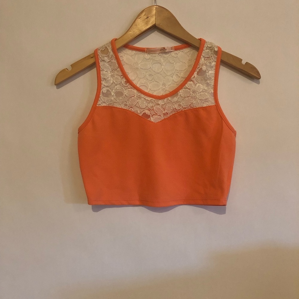 Coral crop top with lace detail